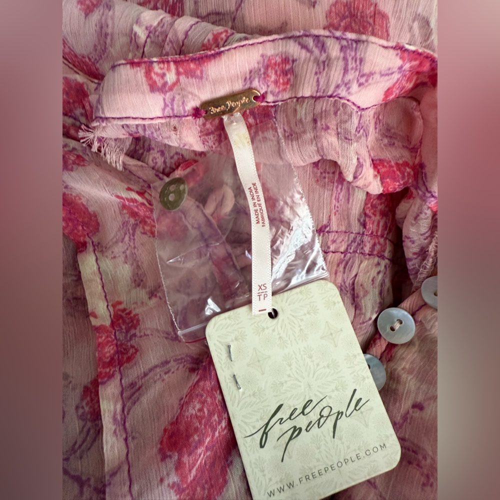 Free People Pink and White Pleated Tiered Sundress with Bishop Sleeves - Picture 6 of 14